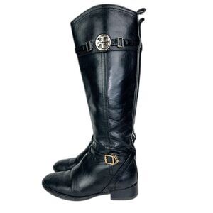 Tory Burch Calista Black Leather Knee High Riding Boots Gold Buckle Women's 6